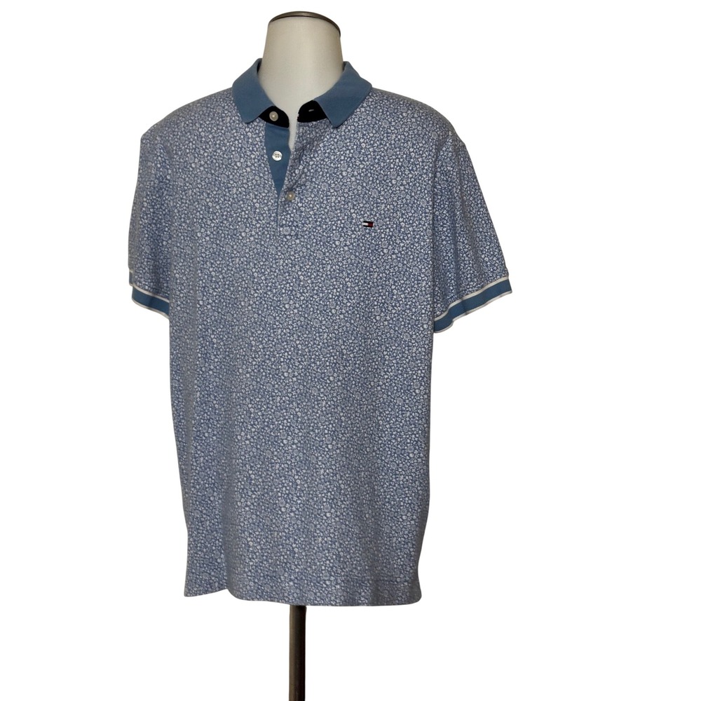 Tommy Hilfiger Polo Shirt Mens L Blue Floral Slim Fit Short Sleeve Excellent